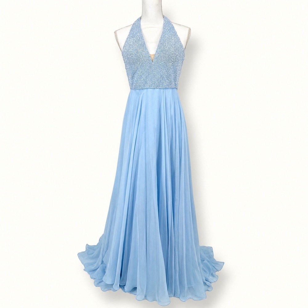 Sherri Hill 6 Light Blue Beaded Halter Chiffon Prom Pageant Gown 51640 Princess